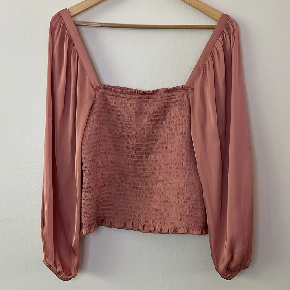J. Crew Squareneck Smocked Featherweight Satin Cropped‎ Top in Pink size medium